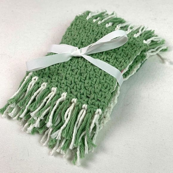 Mug Rugs Coasters Handmade Crochet Green White Fringe Set of 4 Home Decor - Picture 2 of 8